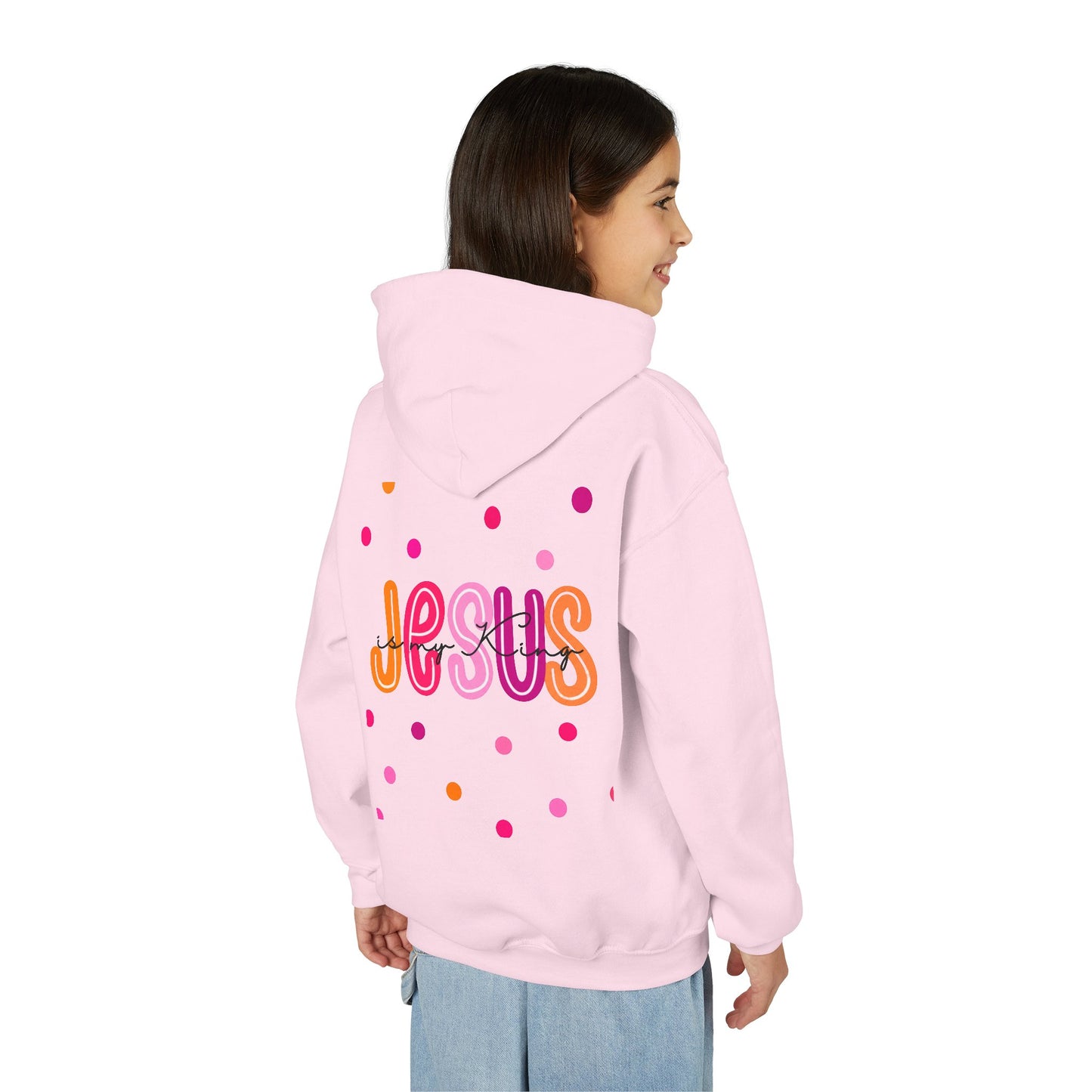 Youth Hoodie — “Jesus” Colorful Polka Dot Christian Pullover