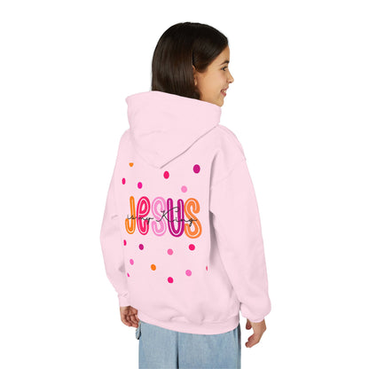 Youth Hoodie — “Jesus” Colorful Polka Dot Christian Pullover