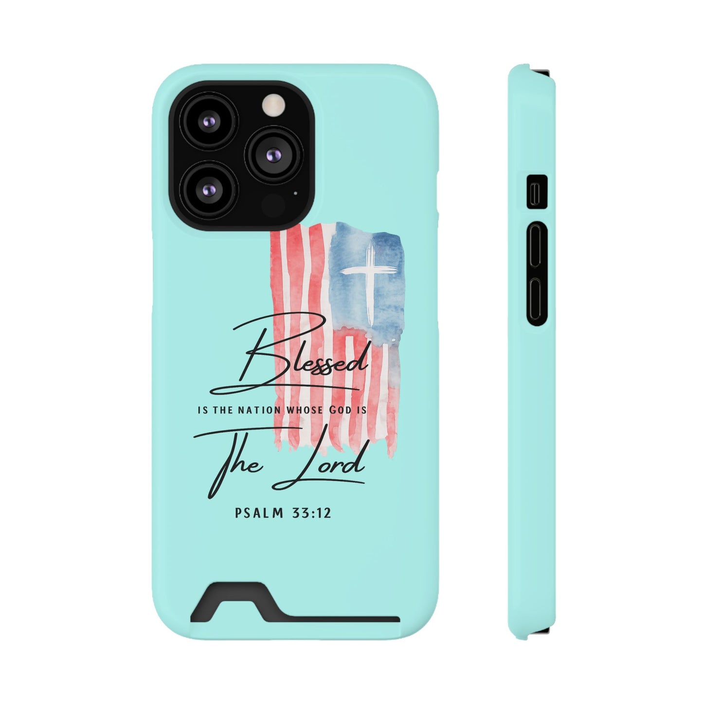 Blessed The Lord Phone Case with Card Holder — Psalm 33:12 Christian Wallet Case