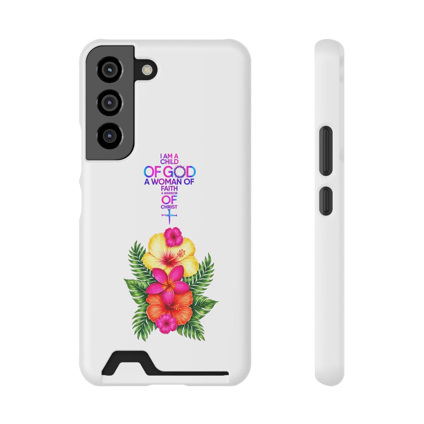 Phone Case with Card Holder — Floral Cross Design: "I Am a Child of God, A Woman of Faith"