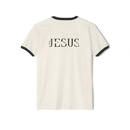 Christian Ringer T-Shirt — 'CHRIST' Front / 'JESUS' Back Religious Tee