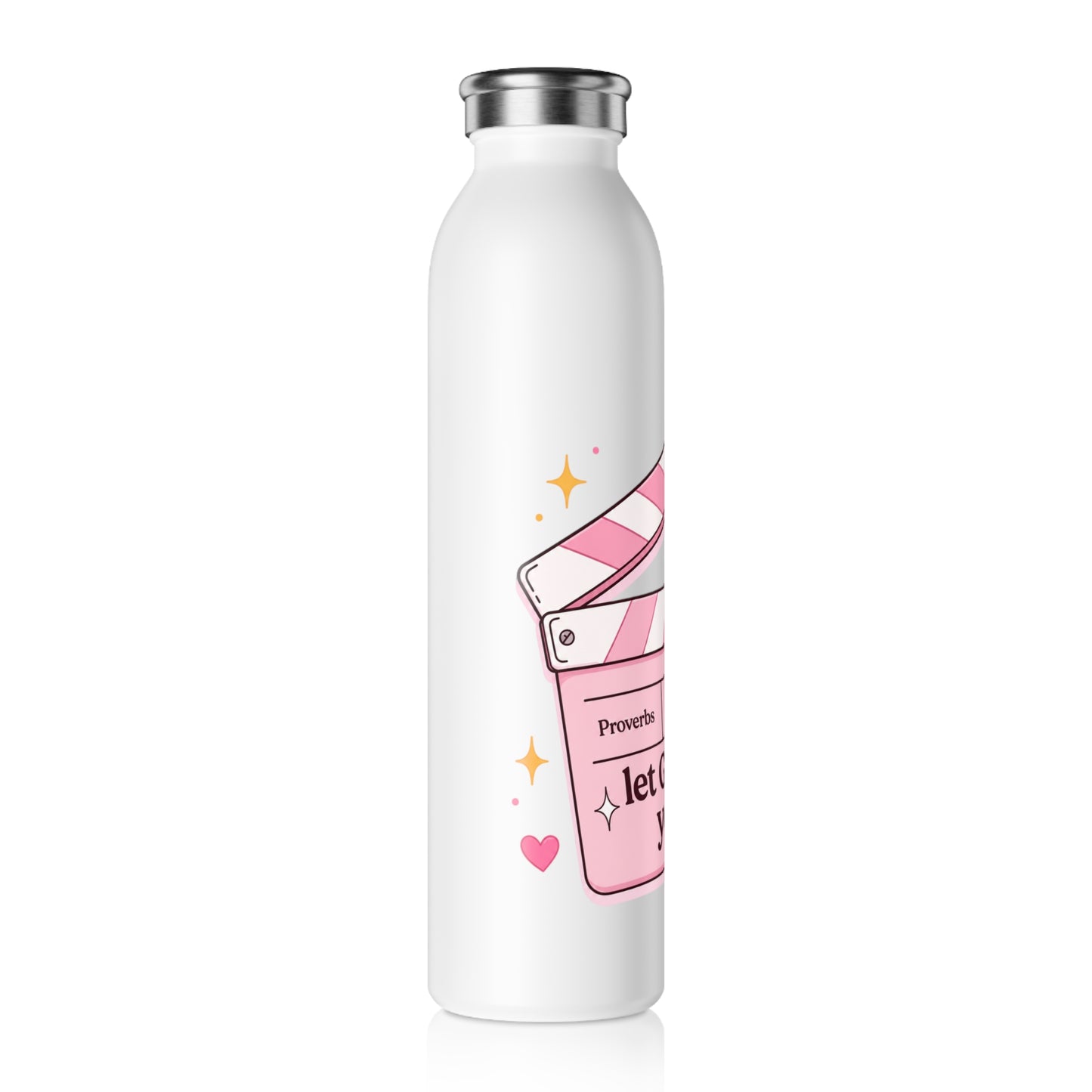 Slim Water Bottle — Pink Scripture Clapperboard “Let God Direct Your Life” Inspirational Bottle