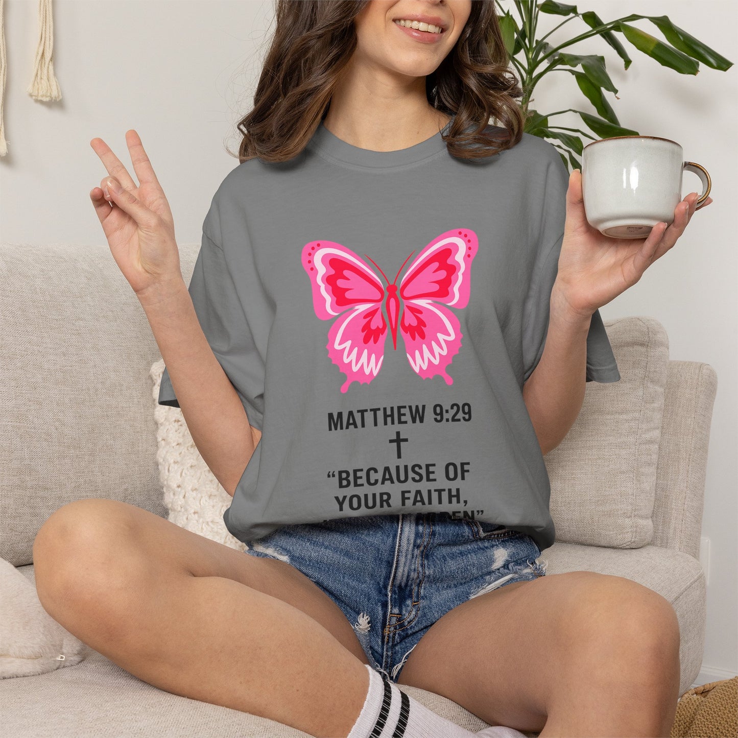 Faith Butterfly T-Shirt — Matthew 9:29 "Because of Your Faith, It Will Happen"