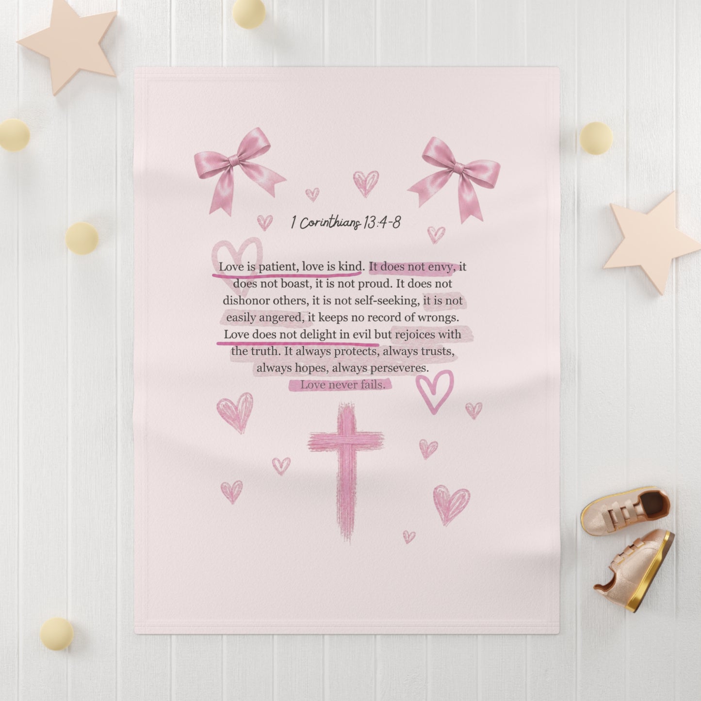 Baby Blanket — Pink ‘1 Corinthians 13:4-8’ Faith Cross with Hearts & Bows