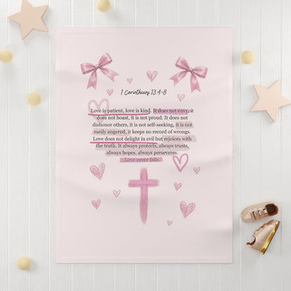 Baby Blanket — Pink ‘1 Corinthians 13:4-8’ Faith Cross with Hearts & Bows