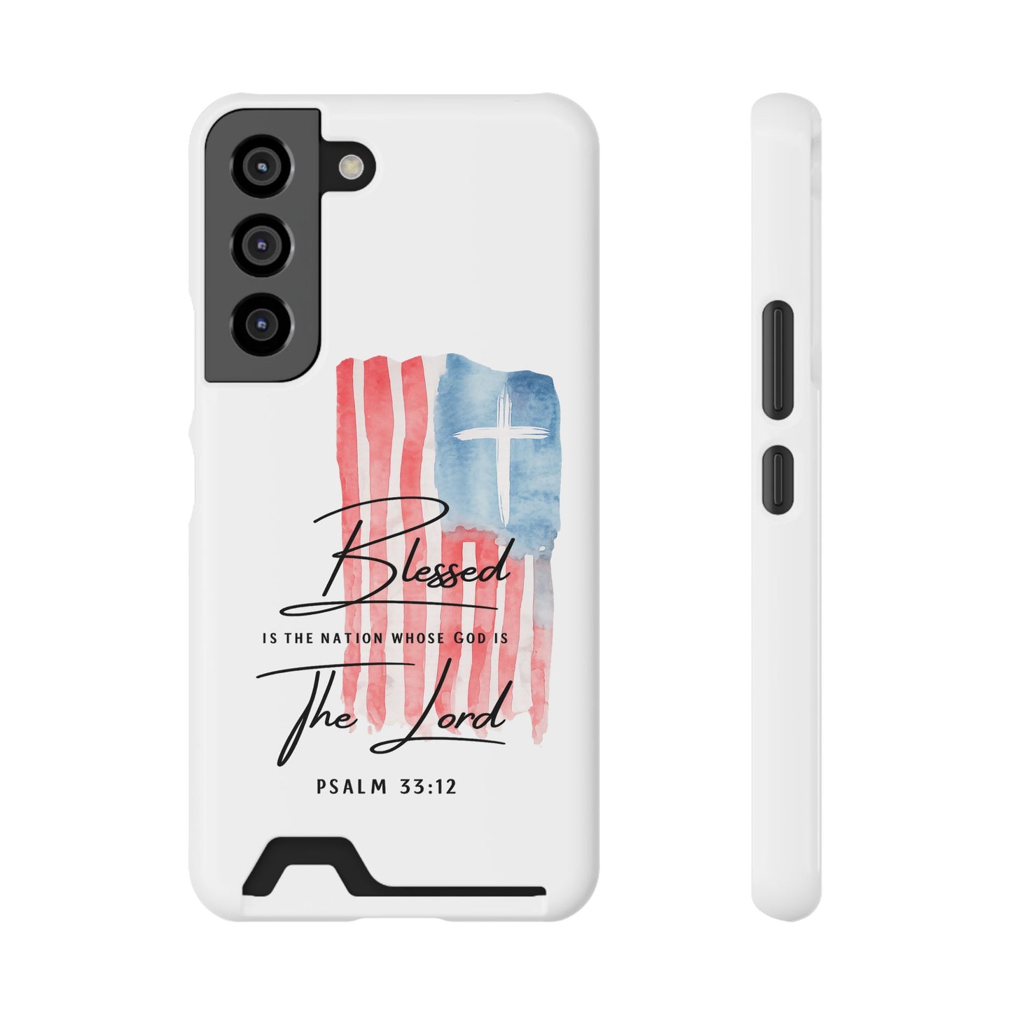 Christian Phone Case with Card Holder — "Blessed The Lord" Psalm 33:12 Patriotic Cross Design