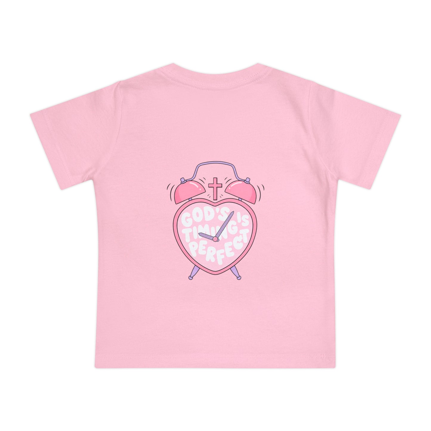 Baby T-Shirt — Pink Christian Faith Design: “Blessed is the Nation” & Heart Alarm “God’s Timing is Perfect”