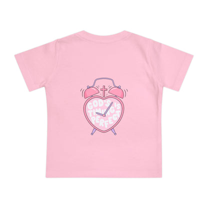Baby T-Shirt — Pink Christian Faith Design: “Blessed is the Nation” & Heart Alarm “God’s Timing is Perfect”