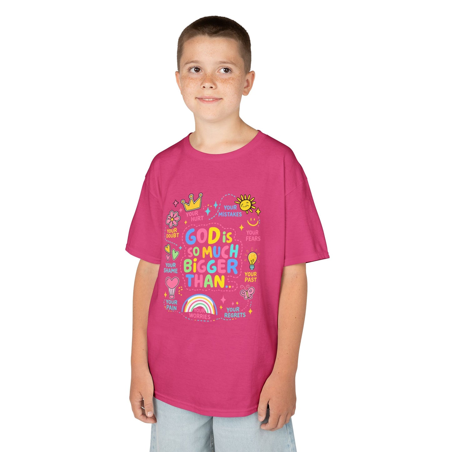 UNISEX Kids Tee — "God Is So Much Bigger Than" Colorful Faith Graphic