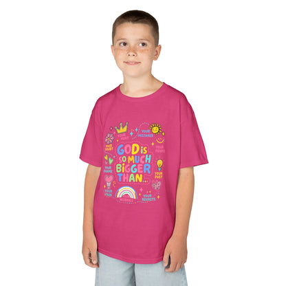 UNISEX Kids Tee — "God Is So Much Bigger Than" Colorful Faith Graphic