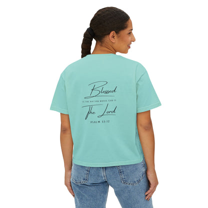 Blessed Tee — Women’s Boxy Christian T-Shirt with Flag Cross (Psalm 33:12)