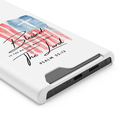 Christian Phone Case with Card Holder — "Blessed The Lord" Psalm 33:12 Patriotic Cross Design