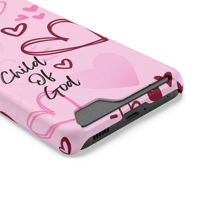 Pink "Child of God" Phone Card Case — Heart Pattern Religious Phone Case with Card Holder