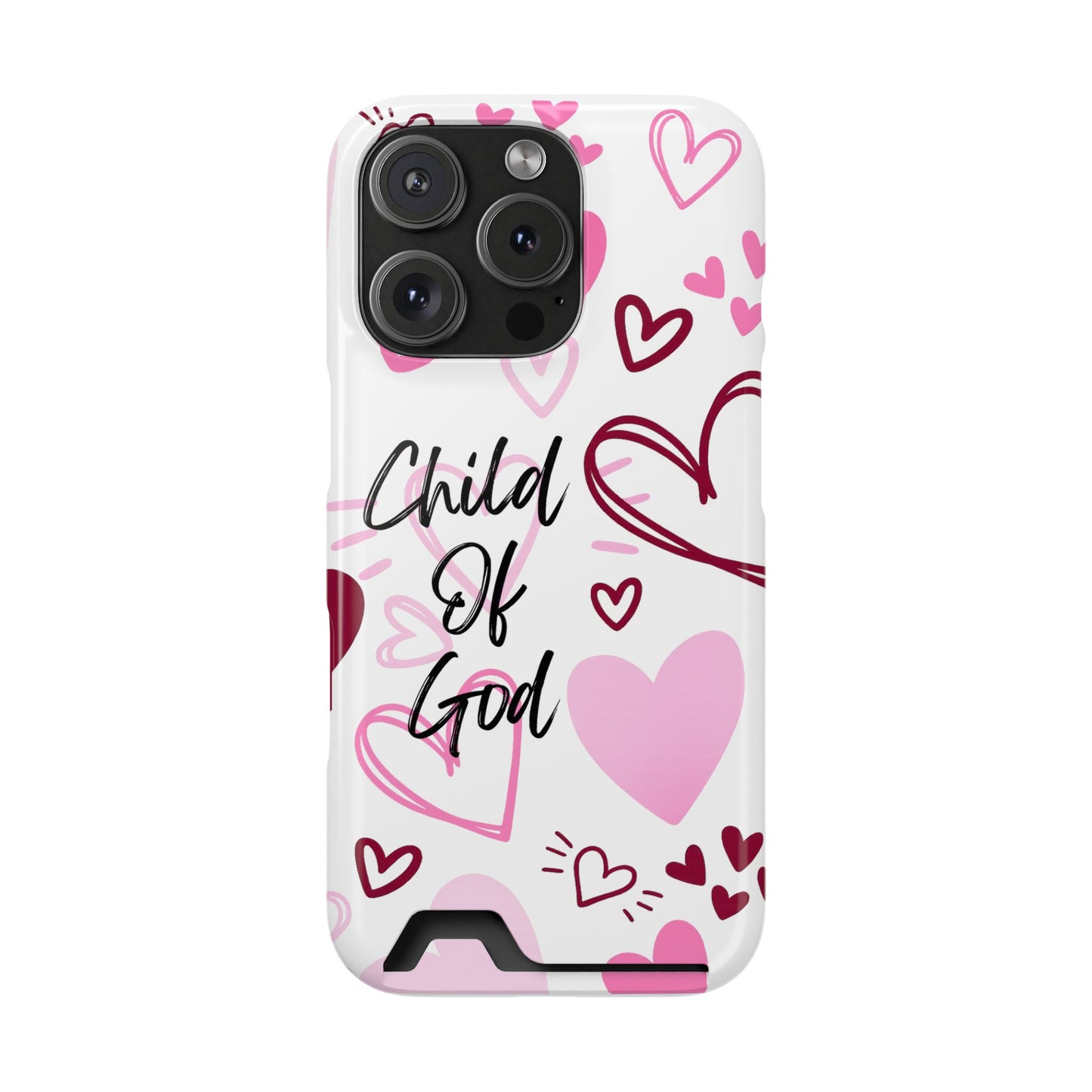 Phone Case — "Child of God" Card Holder Case, Pink Hearts Christian Phone Cover