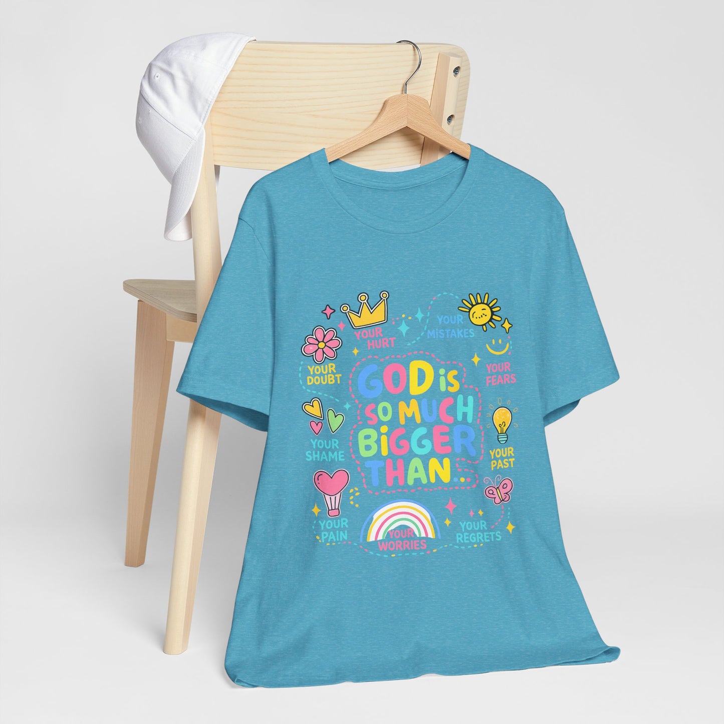 Christian T‑Shirt — "God Is So Much Bigger Than..." Pastel Faith Tee