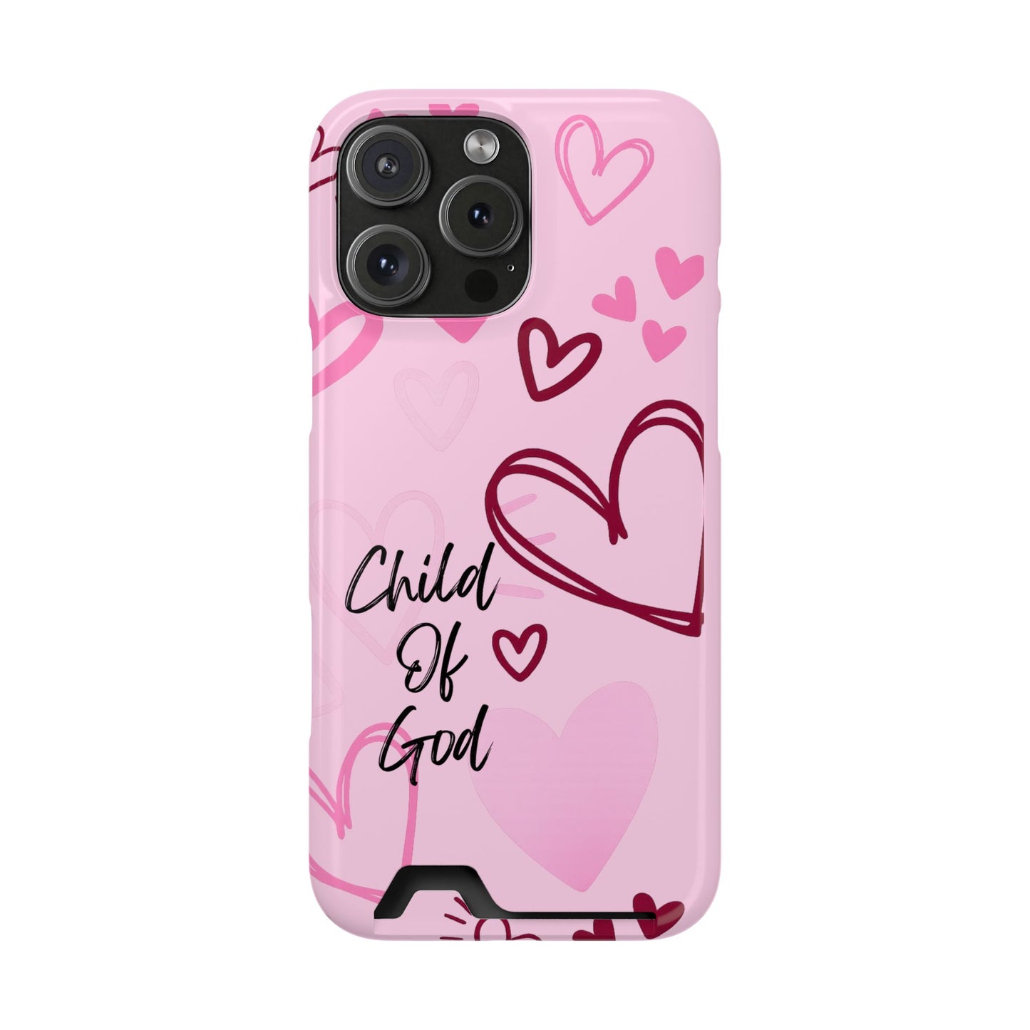 Pink "Child of God" Phone Card Case — Heart Pattern Religious Phone Case with Card Holder