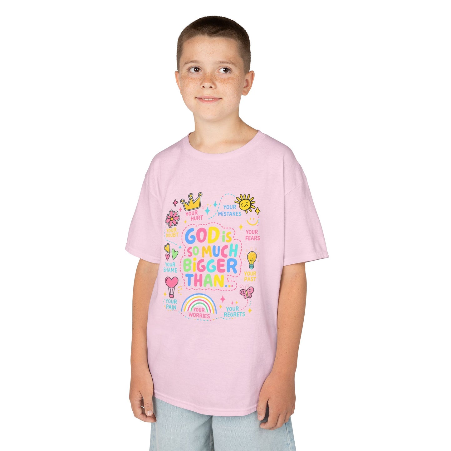UNISEX Kids Tee — "God Is So Much Bigger Than" Colorful Faith Graphic
