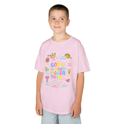 UNISEX Kids Tee — "God Is So Much Bigger Than" Colorful Faith Graphic