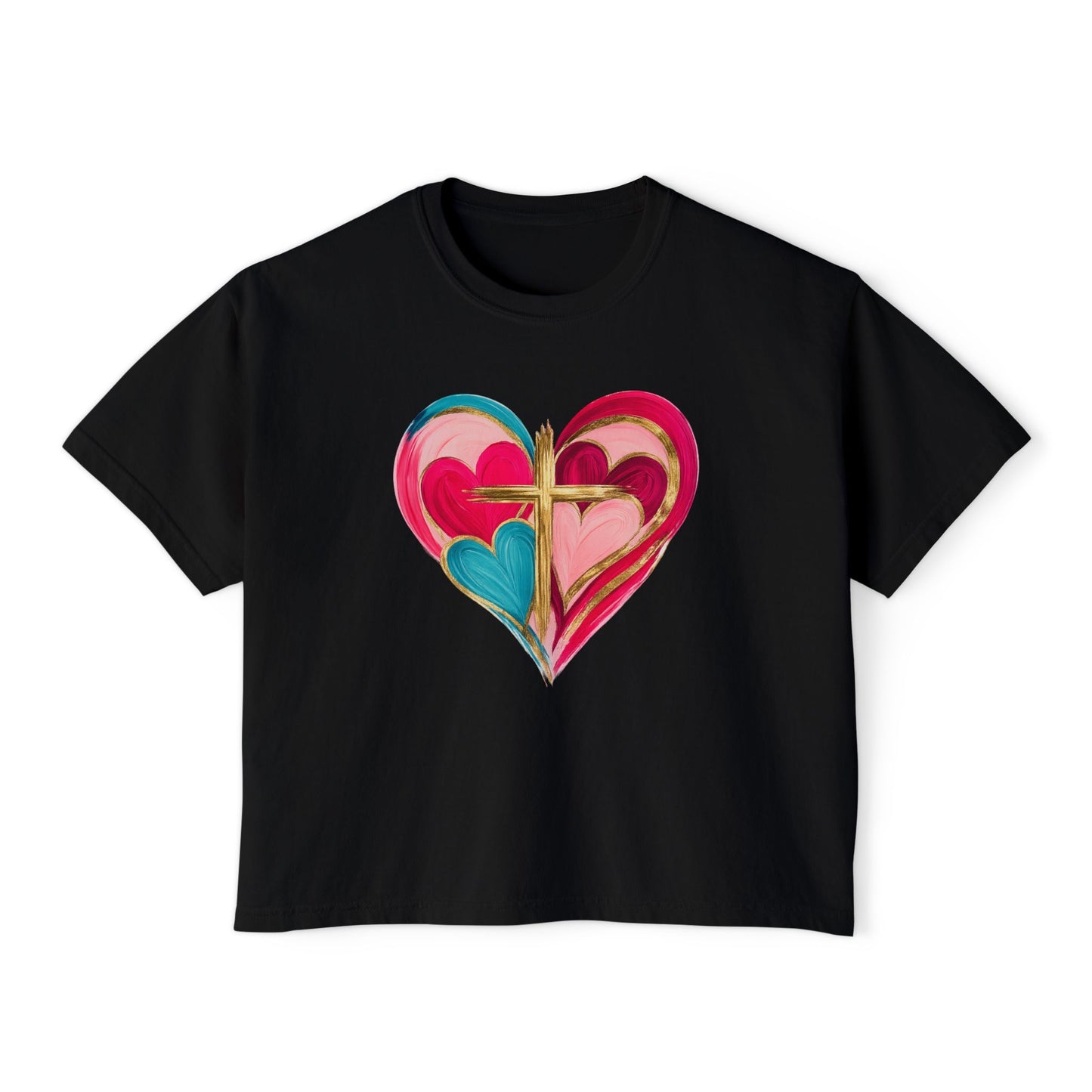 Heart Cross Women's Boxy Tee — Colorful Watercolor Heart Graphic