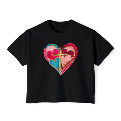Heart Cross Women's Boxy Tee — Colorful Watercolor Heart Graphic