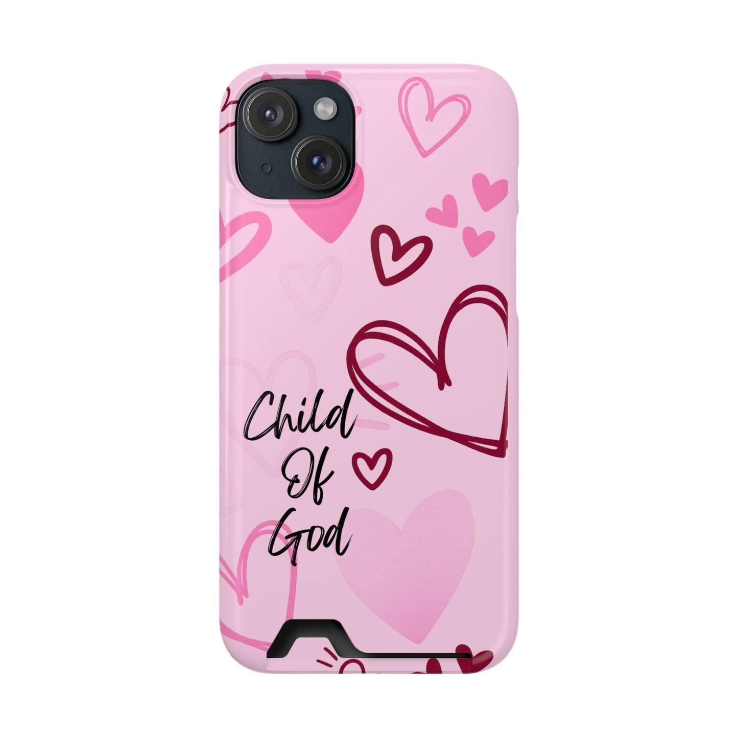 Pink "Child of God" Phone Card Case — Heart Pattern Religious Phone Case with Card Holder
