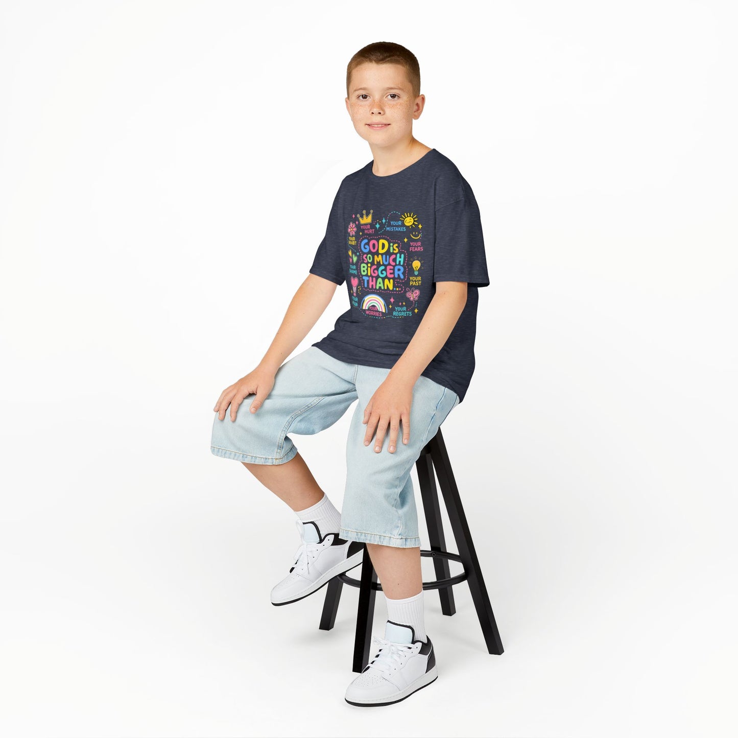 UNISEX Kids Tee — "God Is So Much Bigger Than" Colorful Faith Graphic