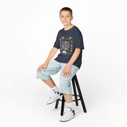 UNISEX Kids Tee — "God Is So Much Bigger Than" Colorful Faith Graphic