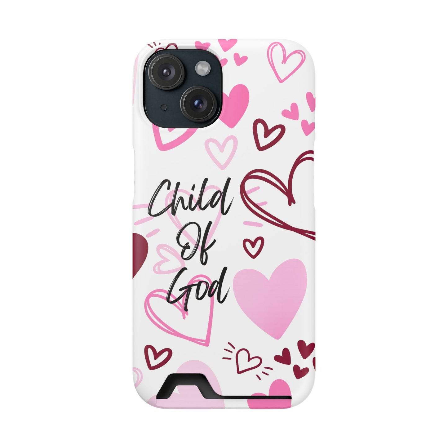 Phone Case — "Child of God" Card Holder Case, Pink Hearts Christian Phone Cover