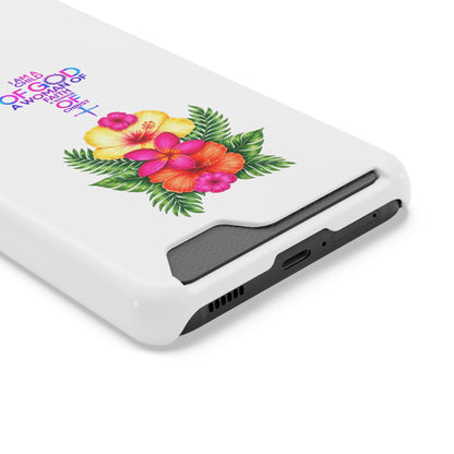 Phone Case with Card Holder — Floral Cross Design: "I Am a Child of God, A Woman of Faith"