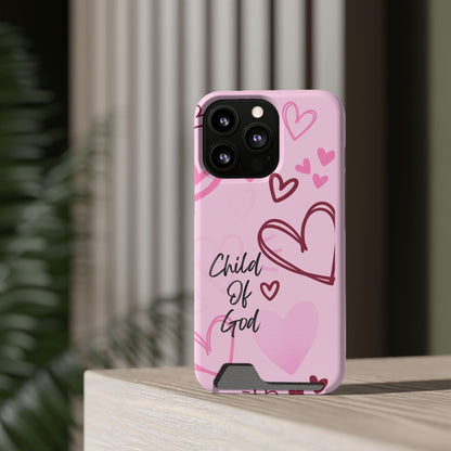 Pink "Child of God" Phone Card Case — Heart Pattern Religious Phone Case with Card Holder