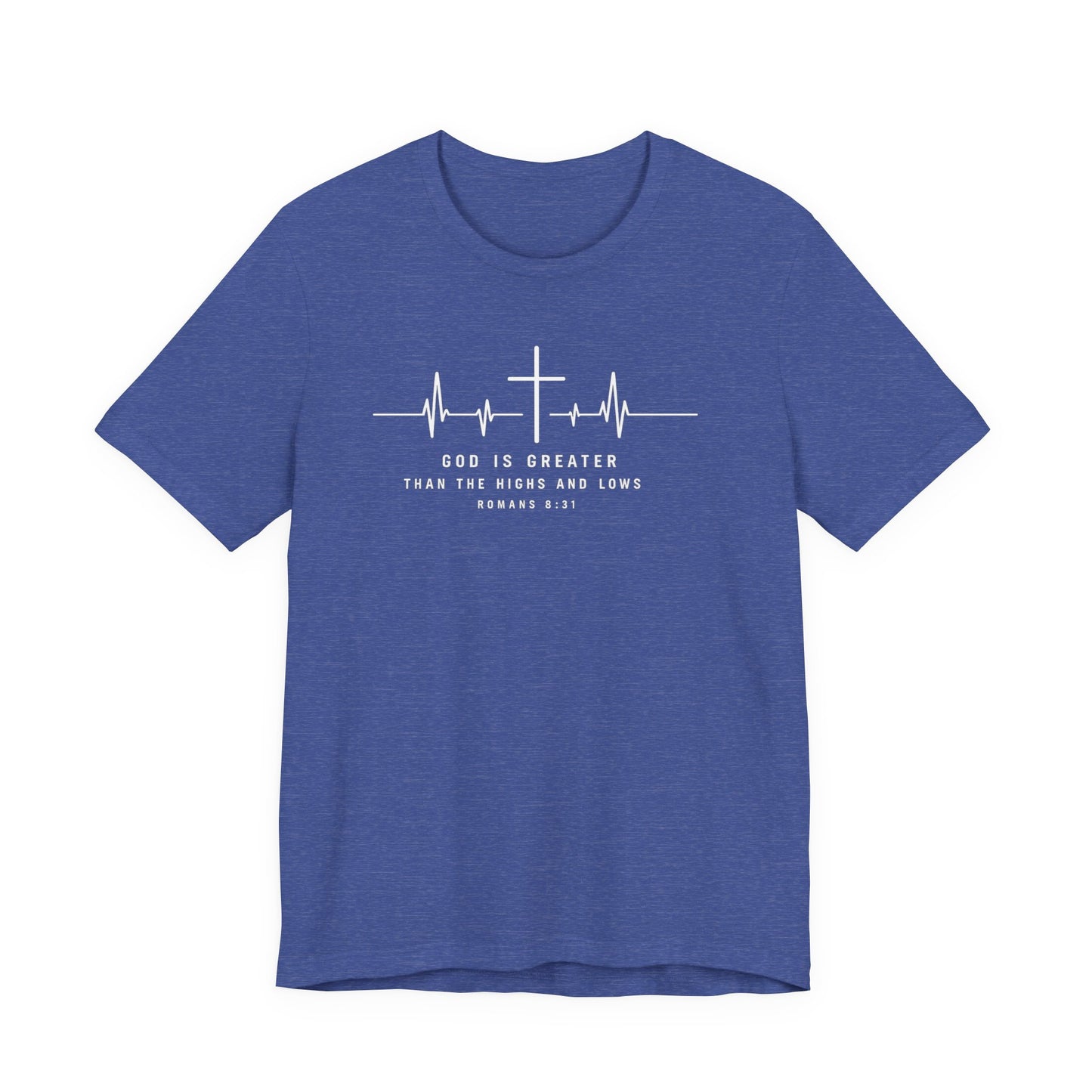 Christian Cross Heartbeat T-Shirt – "God is Greater Than the Highs and Lows" Faith Tee