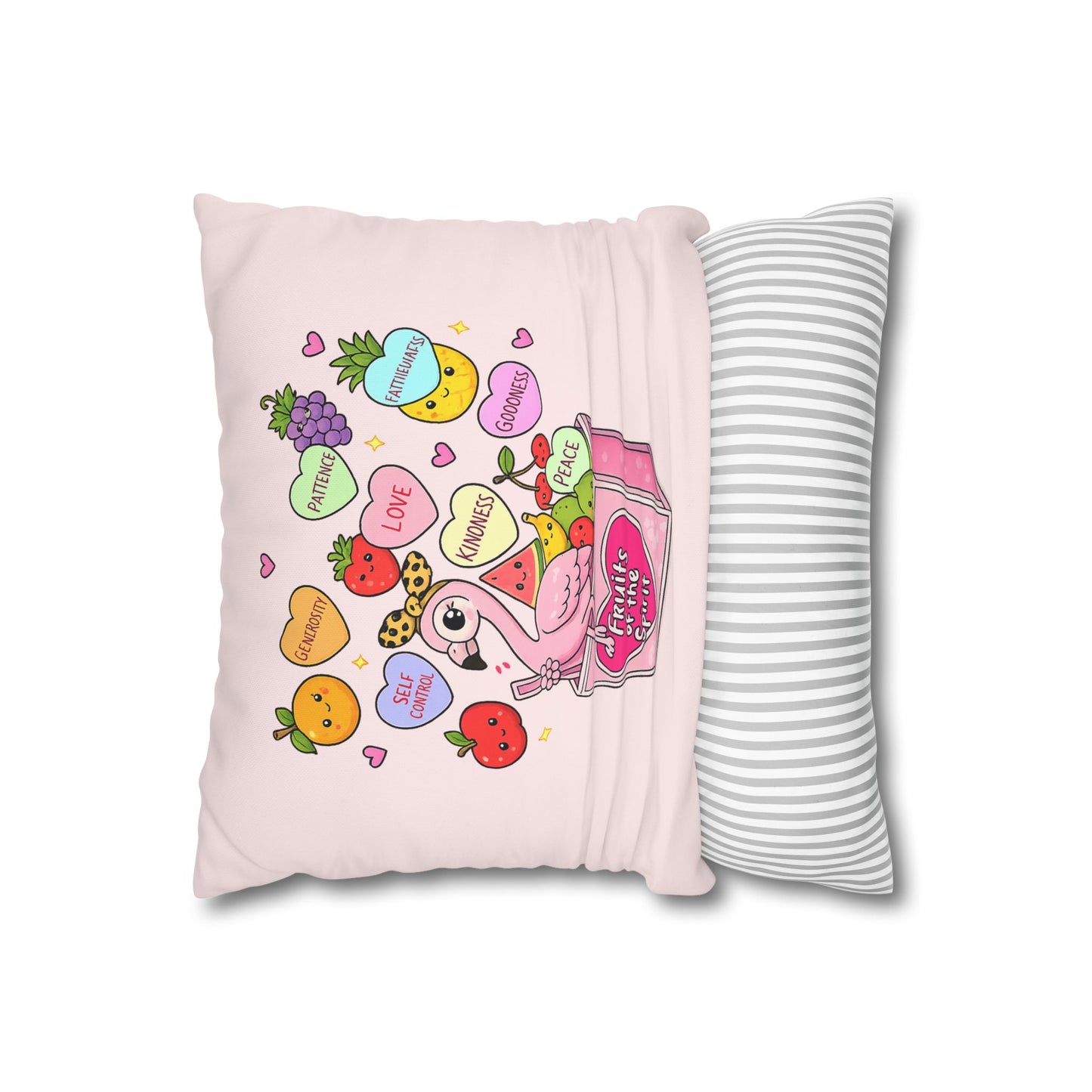 Fruits of the Spirit Pink Decorative Pillowcase — Cute Flamingo & Fruit Hearts