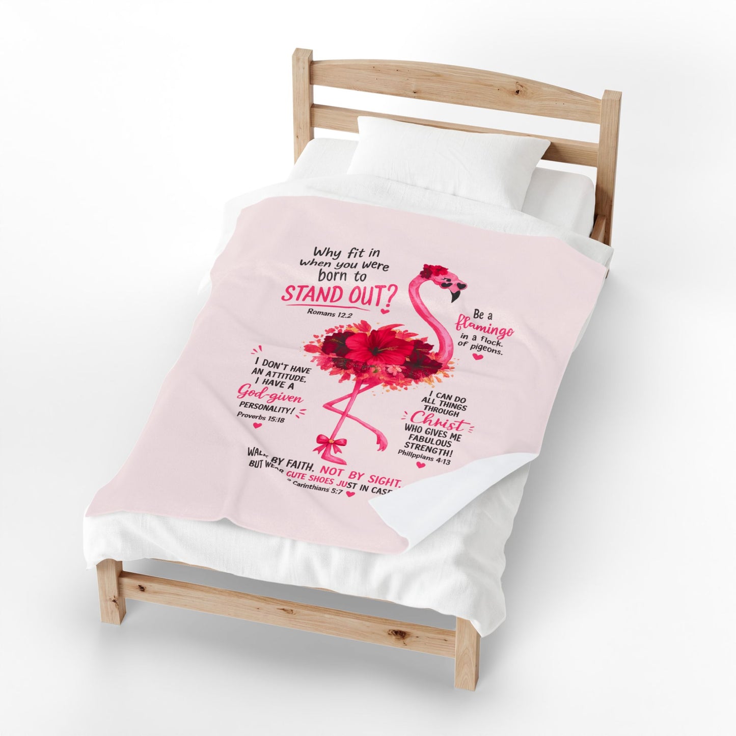 Flamingo Faith Velveteen Plush Blanket – Inspirational Bible Verse Throw ("Stand Out")
