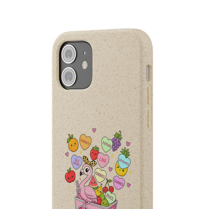 Biodegradable Phone Case — Cute Flamingo & Fruit Hearts "Fruity Love" Eco-Friendly iPhone Cover