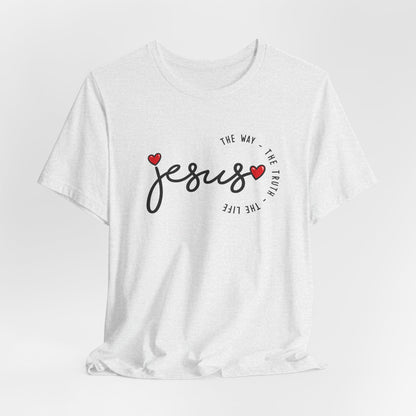 Jesus Script Tee - "Jesus" with Hearts | Faith Christian Shirt