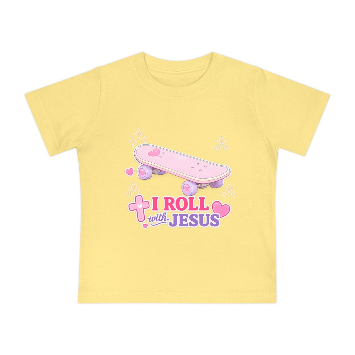 Baby T-Shirt - "I Roll with Jesus" Pink Skateboard Christian Infant Tee