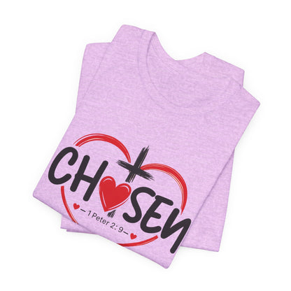Chosen Heart Christian T-Shirt — "Chosen" with Cross & 1 Peter 2:9 Faith Tee