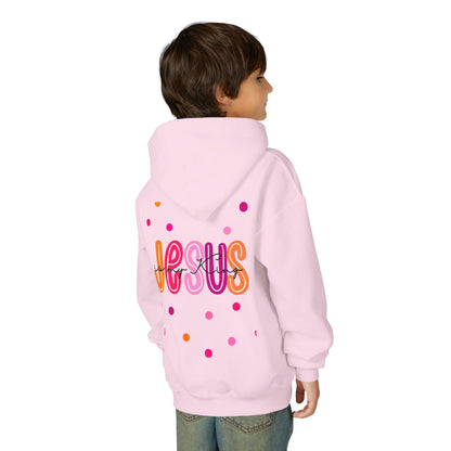 Youth Hoodie — “Jesus” Colorful Polka Dot Christian Pullover