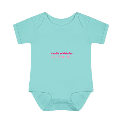 Infant Bodysuit – "God Is Within Her She Will Not Fall" Pink Cross Christian Baby Onesie