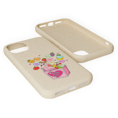 Biodegradable Phone Case — Cute Flamingo & Fruit Hearts "Fruity Love" Eco-Friendly iPhone Cover
