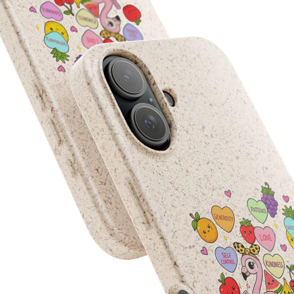 Biodegradable Phone Case — Cute Flamingo & Fruit Hearts "Fruity Love" Eco-Friendly iPhone Cover