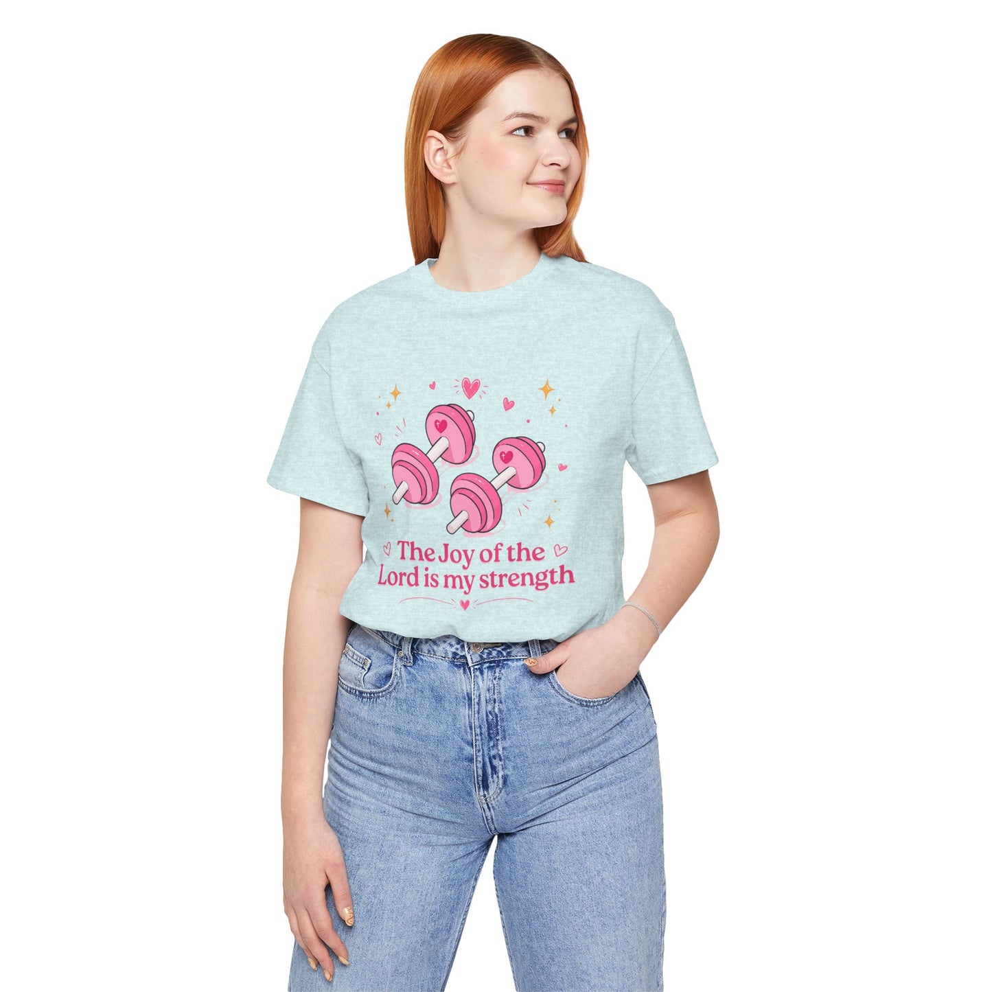 Christian Fitness T-Shirt — “The Joy of the Lord is My Strength” Pink Dumbbells Tee