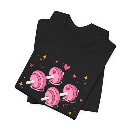 Christian Fitness T-Shirt — “The Joy of the Lord is My Strength” Pink Dumbbells Tee