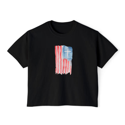 Blessed Tee — Women’s Boxy Christian T-Shirt with Flag Cross (Psalm 33:12)