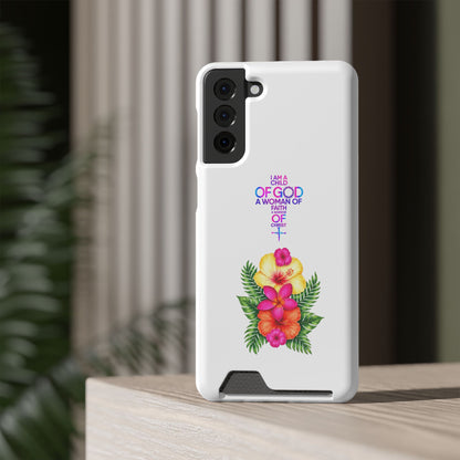 Phone Case with Card Holder — Floral Cross Design: "I Am a Child of God, A Woman of Faith"
