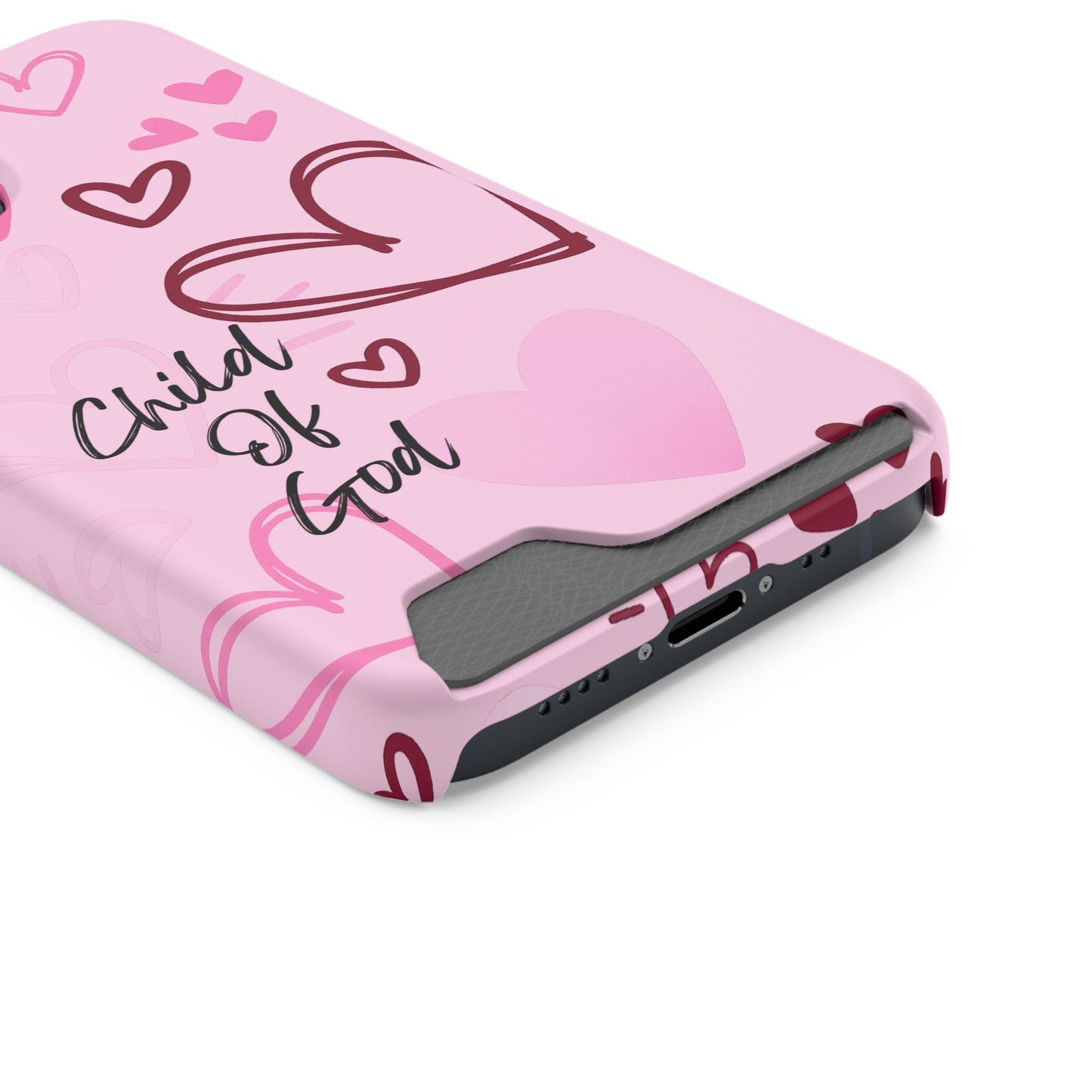 Pink "Child of God" Phone Card Case — Heart Pattern Religious Phone Case with Card Holder