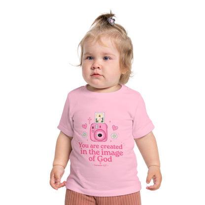 Baby T-Shirt — "You Are Created in the Image of God" Pink Camera Christian Tee