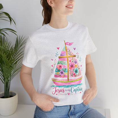 Jesus Is My Captain Floral Sailboat T-Shirt