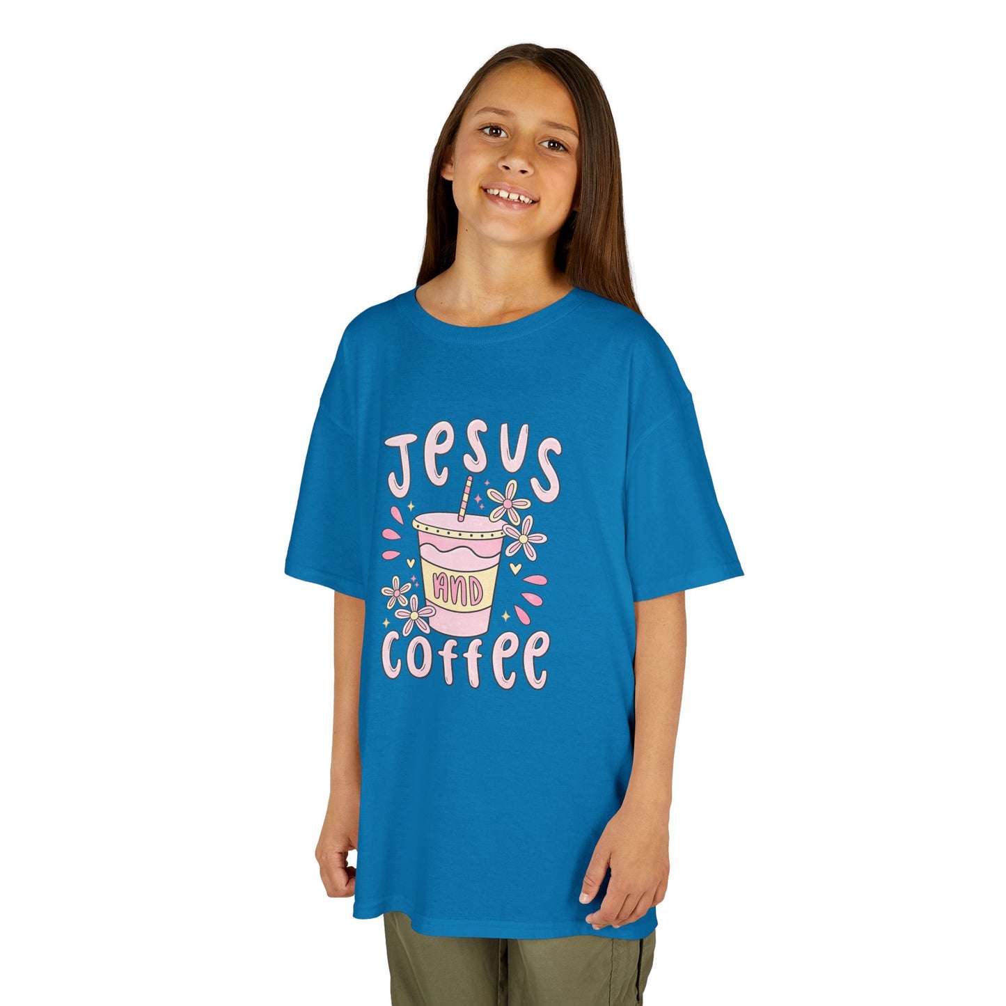 Kids Tee — “Jesus & Coffee” Cute Pastel Faith Graphic